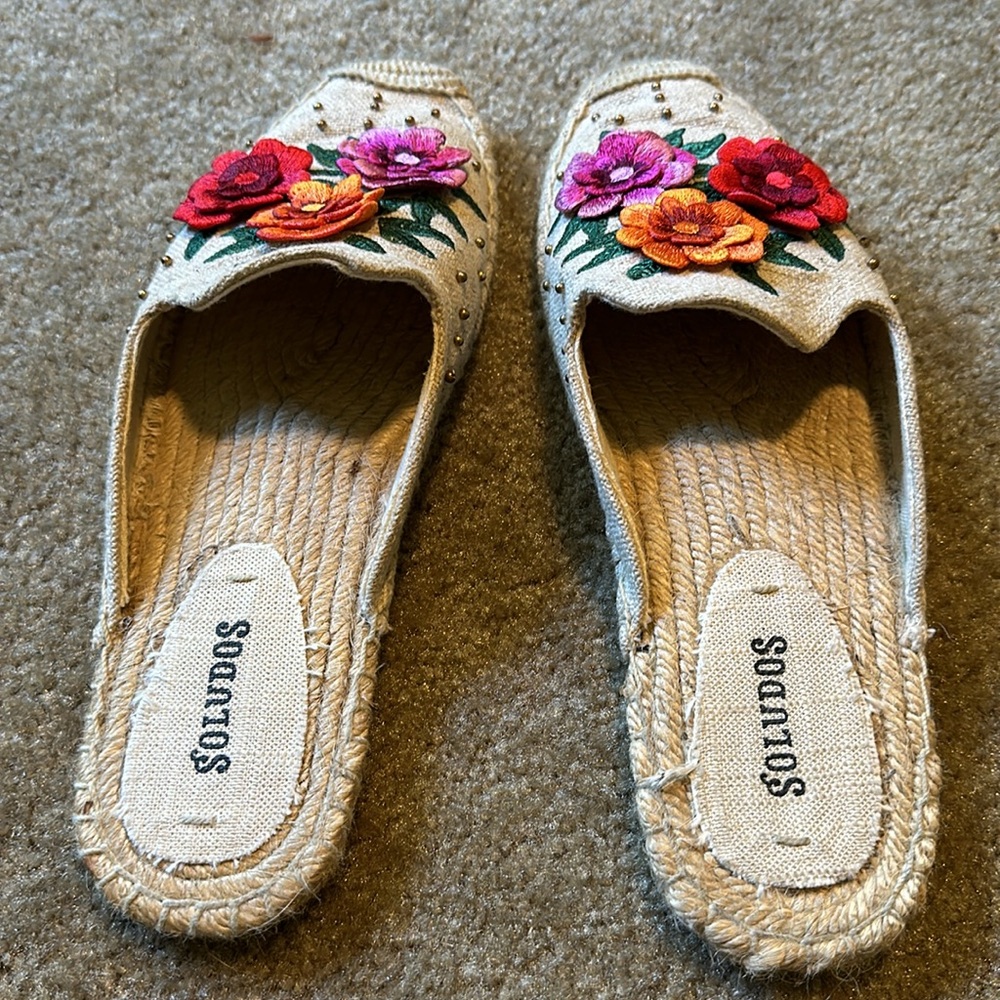 Festive Soludos Floral Embroidered slip on Espadrilles Beige, Red, Orange, Pink - Picture 2 of 3